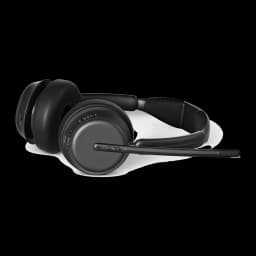 EPOS Sennheiser IMPACT 1061 ANC Duo negro, vista lateral sin soporte: micrófono boom extendido, botones e indicadores LED