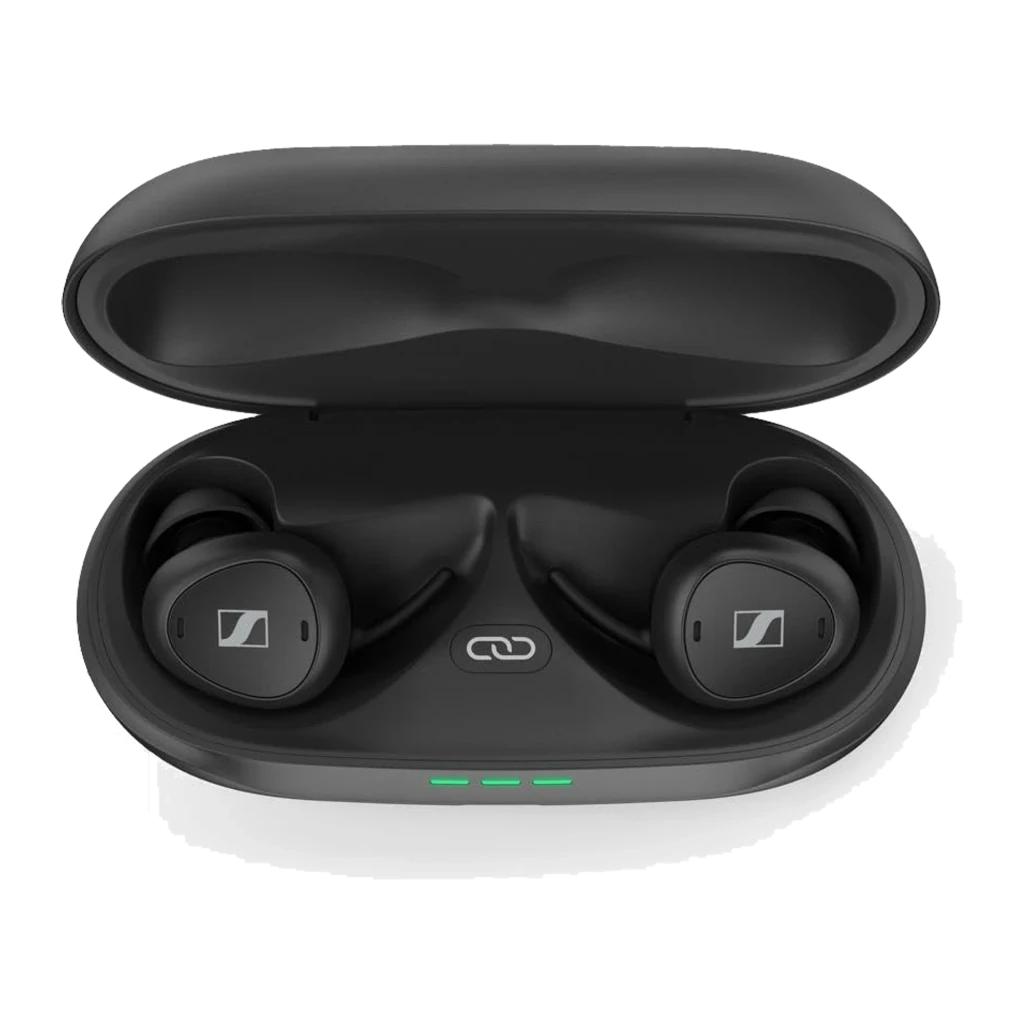 Sennheiser TV Clear Earbuds preto, vista principal: earbud solto e estojo aberto com LEDs verdes e pino dourado - Item1