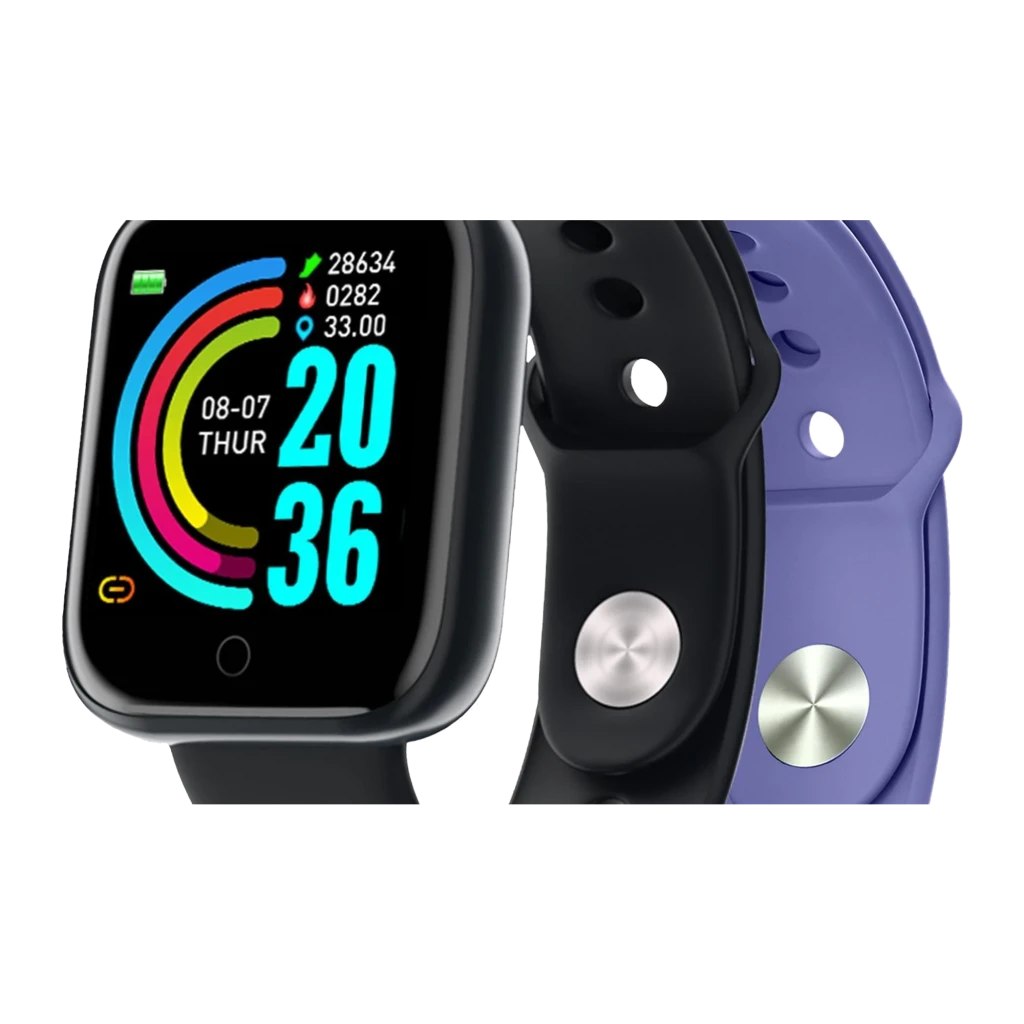 Celly Smartwatch TRAINERBEAT 1.44 noir, vue de face: écran avec cadran coloré et bracelets noir et bleu - Ítem1