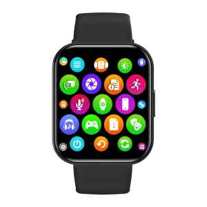 Celly Smartwatch Trainer Watch 2 negro, vista frontal: reloj completo con correa y menú de apps en pantalla