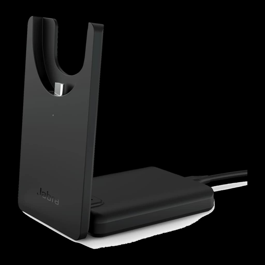 Jabra Soporte de escritorio Evolve2 55 negro, vista frontal lateral: horquilla con conector de carga, base plana y cable