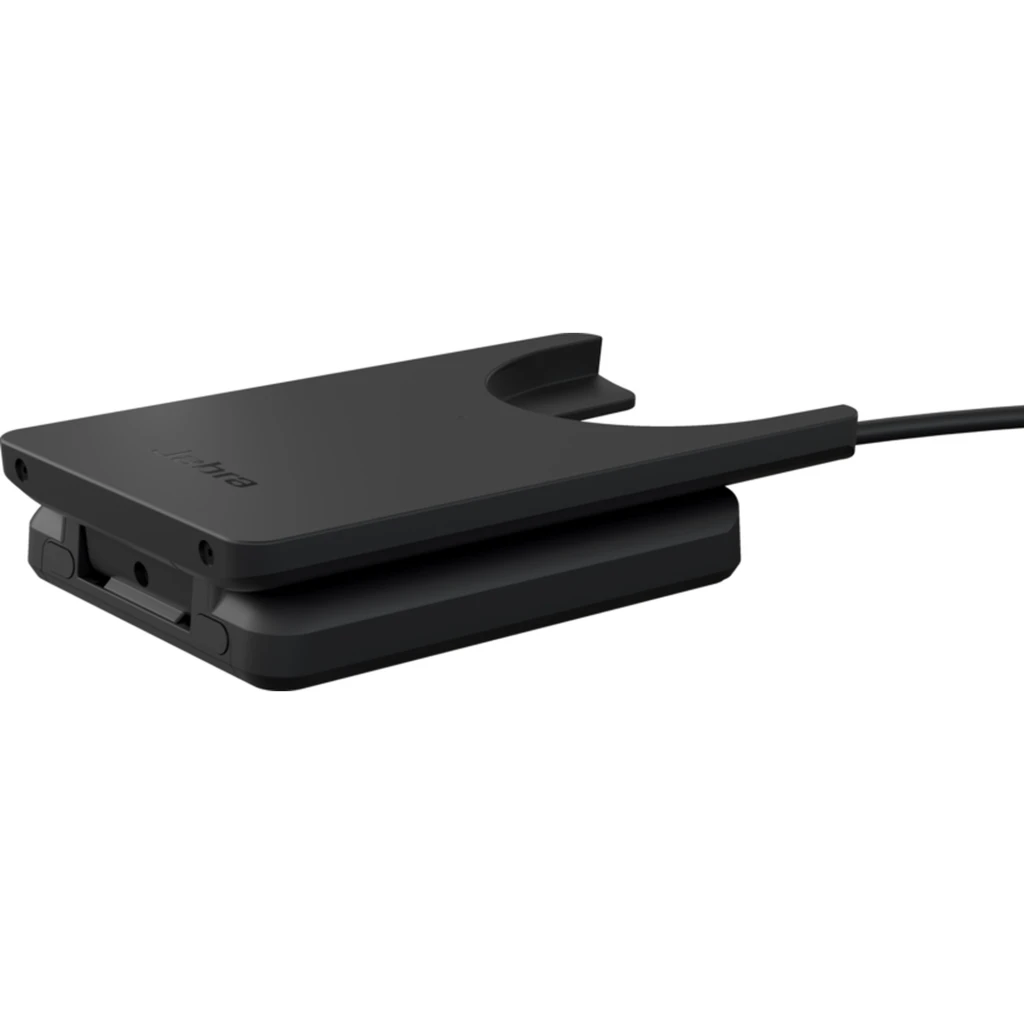 Jabra Soporte de escritorio Evolve2 55 negro, vista frontal lateral: horquilla con conector de carga, base plana y cable - Ítem1