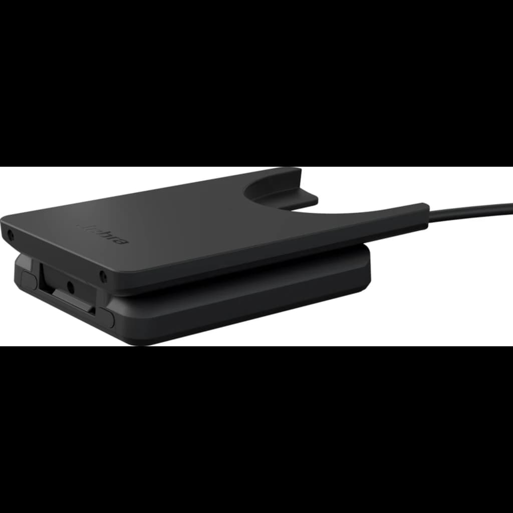 Soporte de escritorio Jabra Evolve2 55 en negro, base compacta con ranura en U, superficie antideslizante y cable lateral integrado para conexión estable