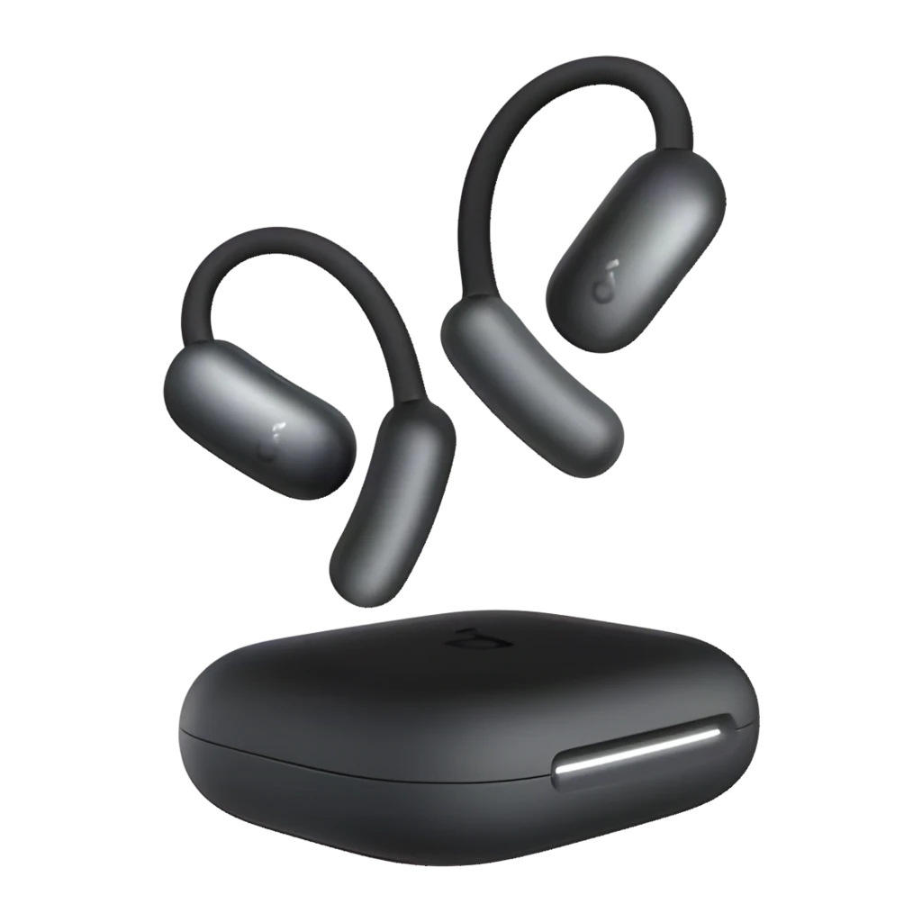 Écouteurs Soundcore AeroFit 2 Pro Réduction de Bruit Open-Ear noirs avec crochets d’oreille souples, boîtier de charge compact mat, embouts ouverts