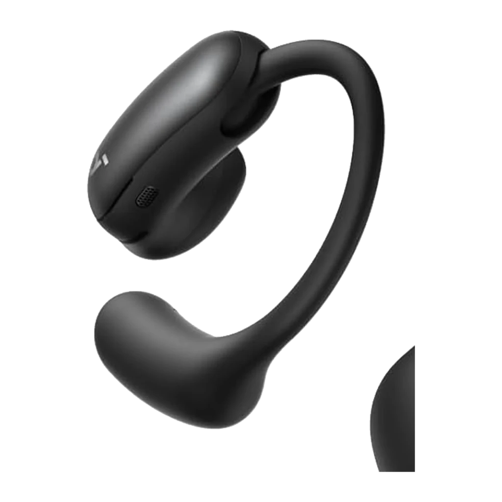Soundcore AeroFit 2 Pro preto, vista lateral: fone open-ear com gancho flexível e ponteira de condução de ar - Item