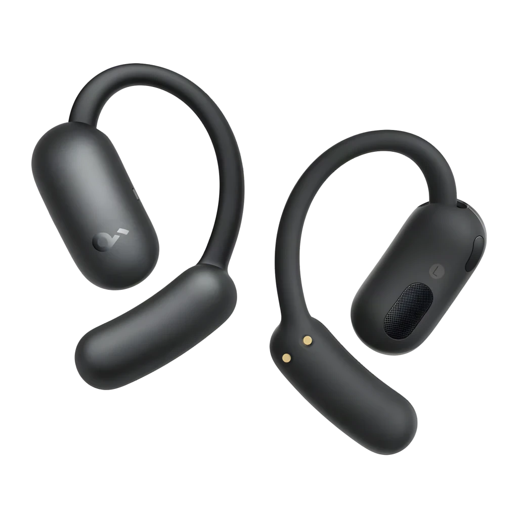 Écouteurs Soundcore AeroFit 2 Pro Réduction de Bruit Open-Ear noirs, design tour d oreille, embouts ouverts, boutons latéraux, contacts de charge dorés