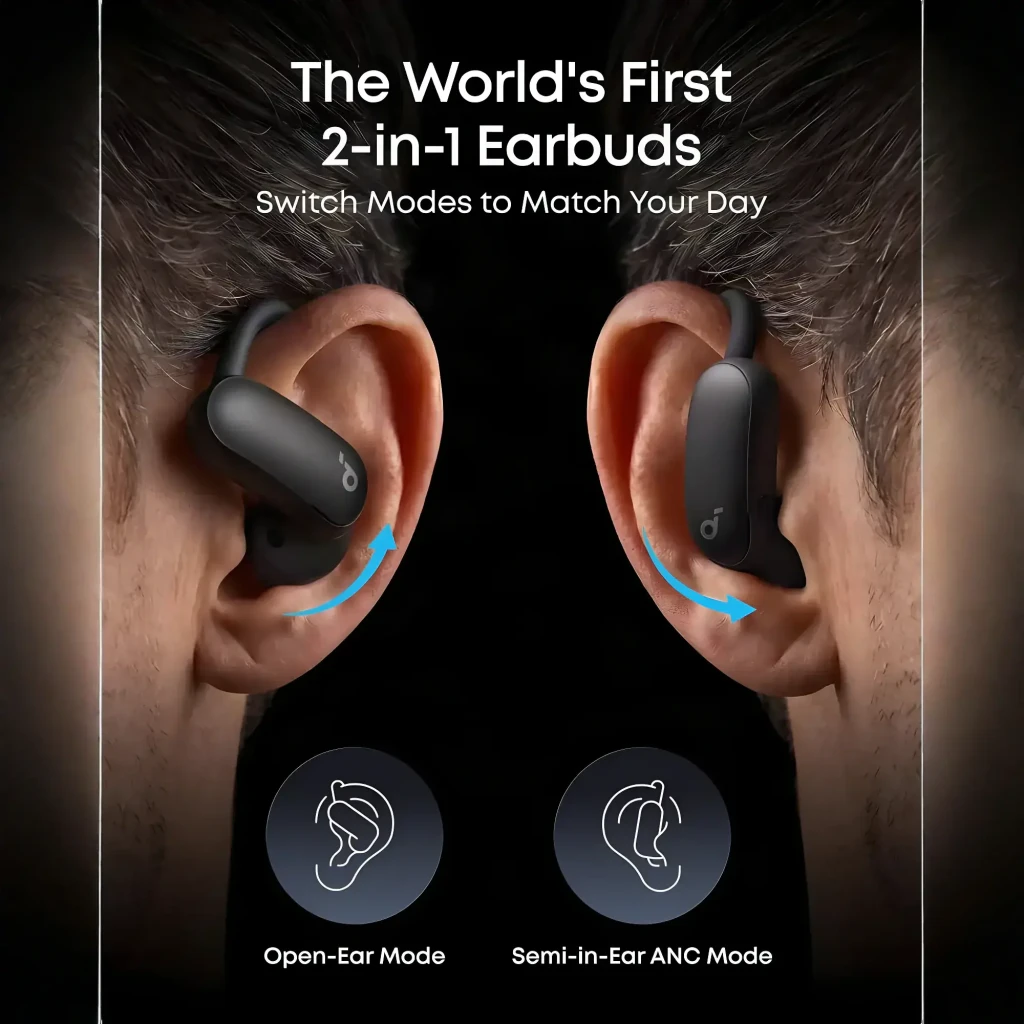 Écouteurs noirs avec crochet d’oreille, design open‑ear, deux modes indiqués par flèches: Open‑Ear et Semi‑In‑Ear ANC, logo Soundcore visible sur