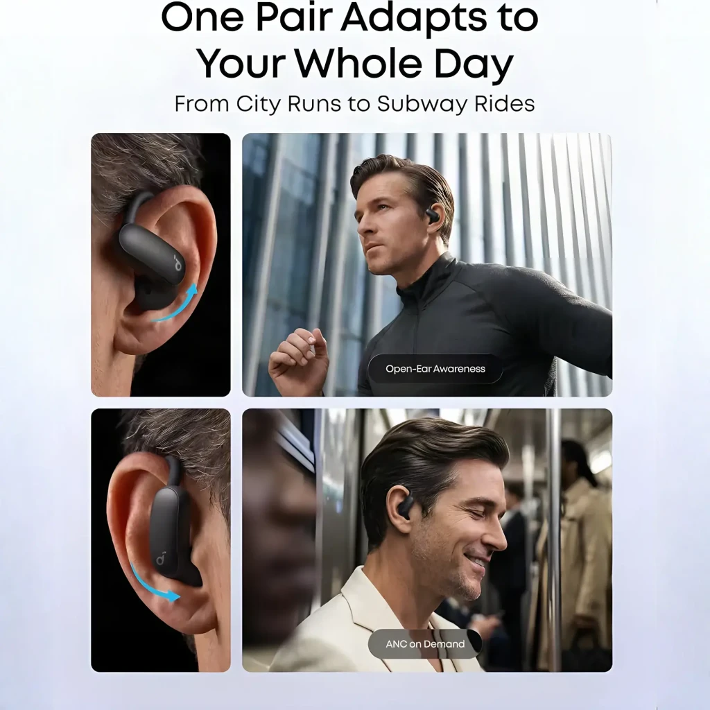 Écouteurs open-ear noirs avec tour d oreille, embouts ouverts et commandes latérales; design discret, maintien sûr pour sport et trajets, micro intégré
