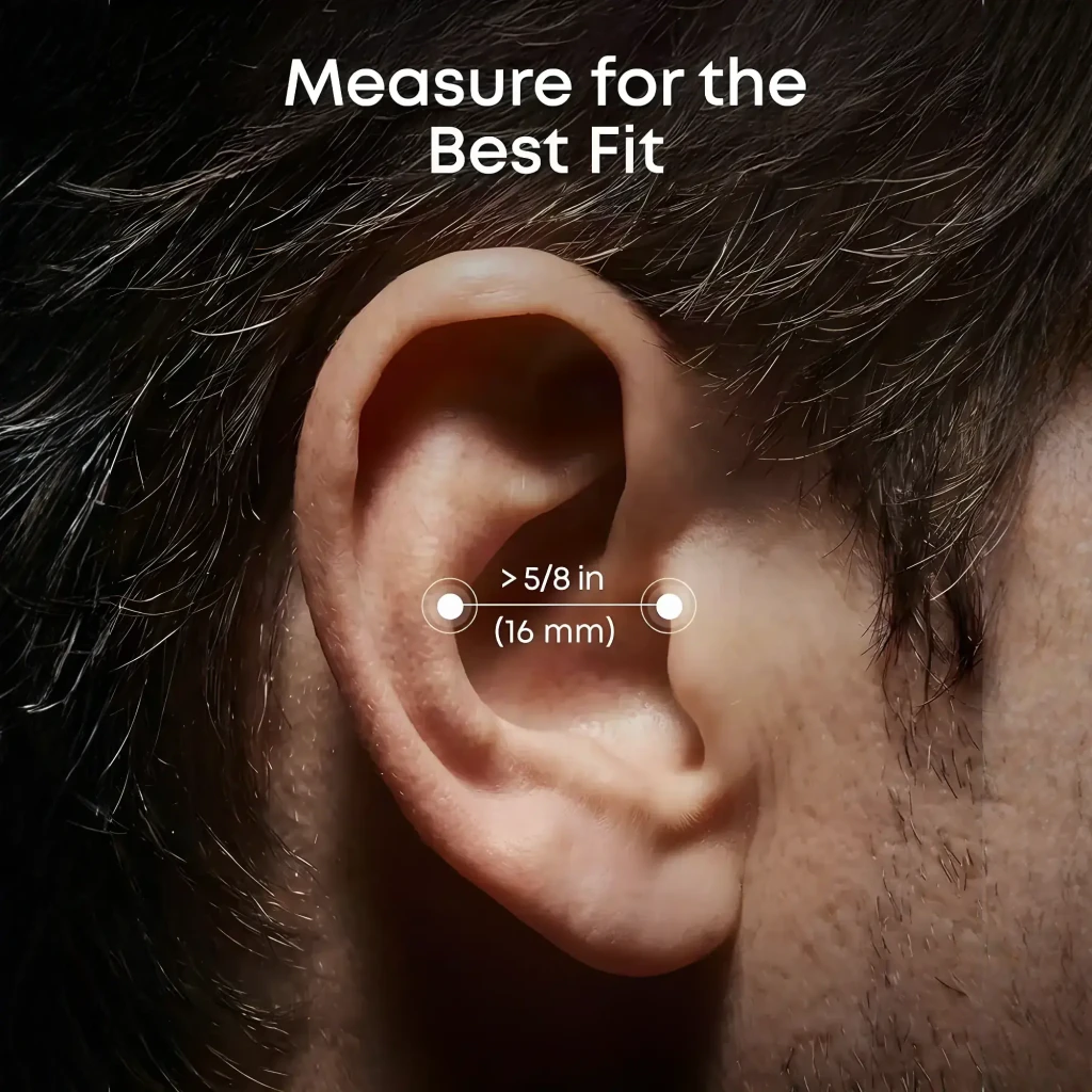 Écouteurs Soundcore AeroFit 2 Pro Réduction de Bruit Open-Ear posés autour de l’oreille, design ouvert, repères de mesure 16 mm pour ajustement optimal