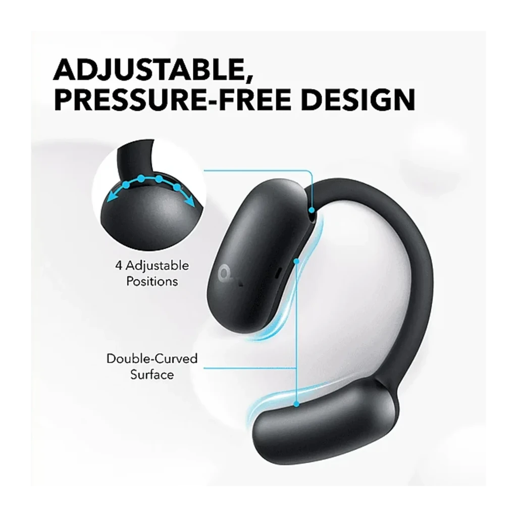 Écouteur open-ear noir avec arceau flexible, 4 positions réglables, surface doublement courbée, design sans pression pour confort et stabilité