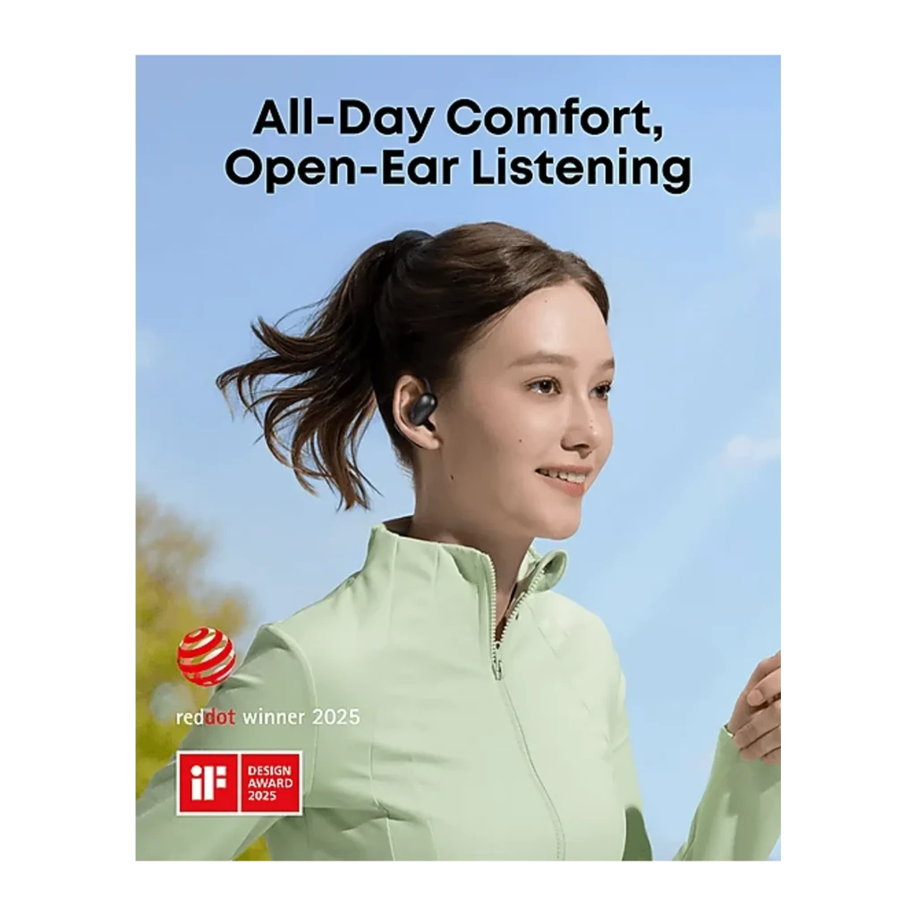 Écouteurs open ear noirs avec arceau tour d’oreille, compacts et discrets; portés lors d’un jogging, promettent confort longue durée et réduction de