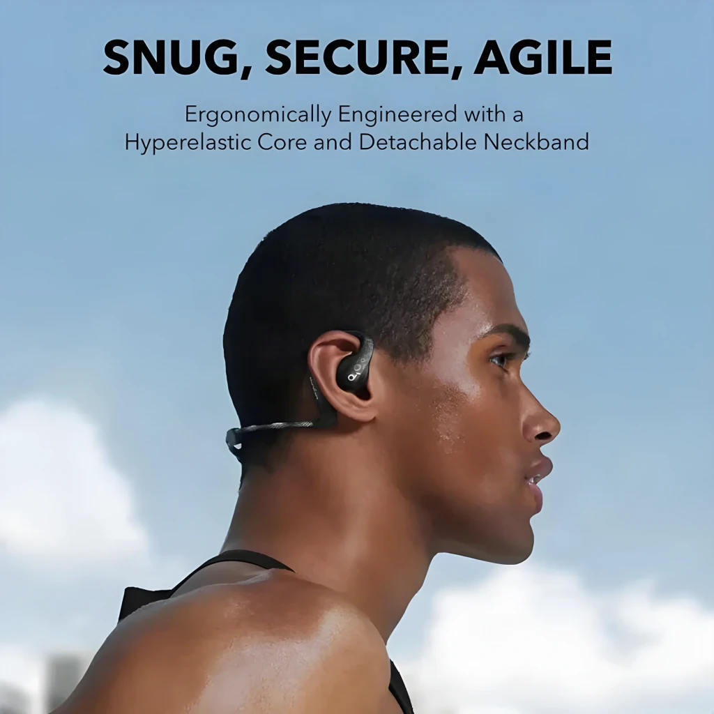 Écouteurs Soundcore AeroFit 2 Pro Réduction de Bruit Open-Ear noirs avec arceau de nuque détachable, design ergonomique et maintien sûr pour sport