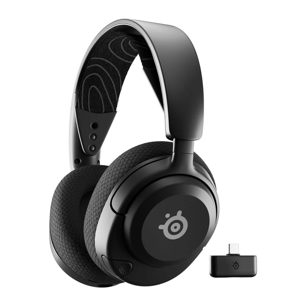SteelSeries Arctis Nova 5 negro, vista lateral: auricular over-ear inalámbrico con logo y almohadillas hexagonales - Ítem3