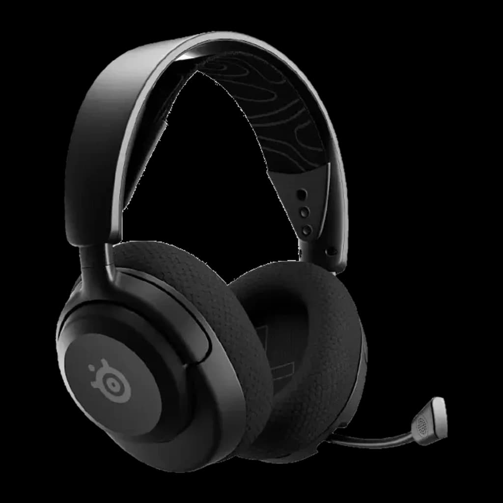SteelSeries Arctis Nova 5 noir, vue latérale avec micro: boom mic déployé visible sous l'oreillette gauche