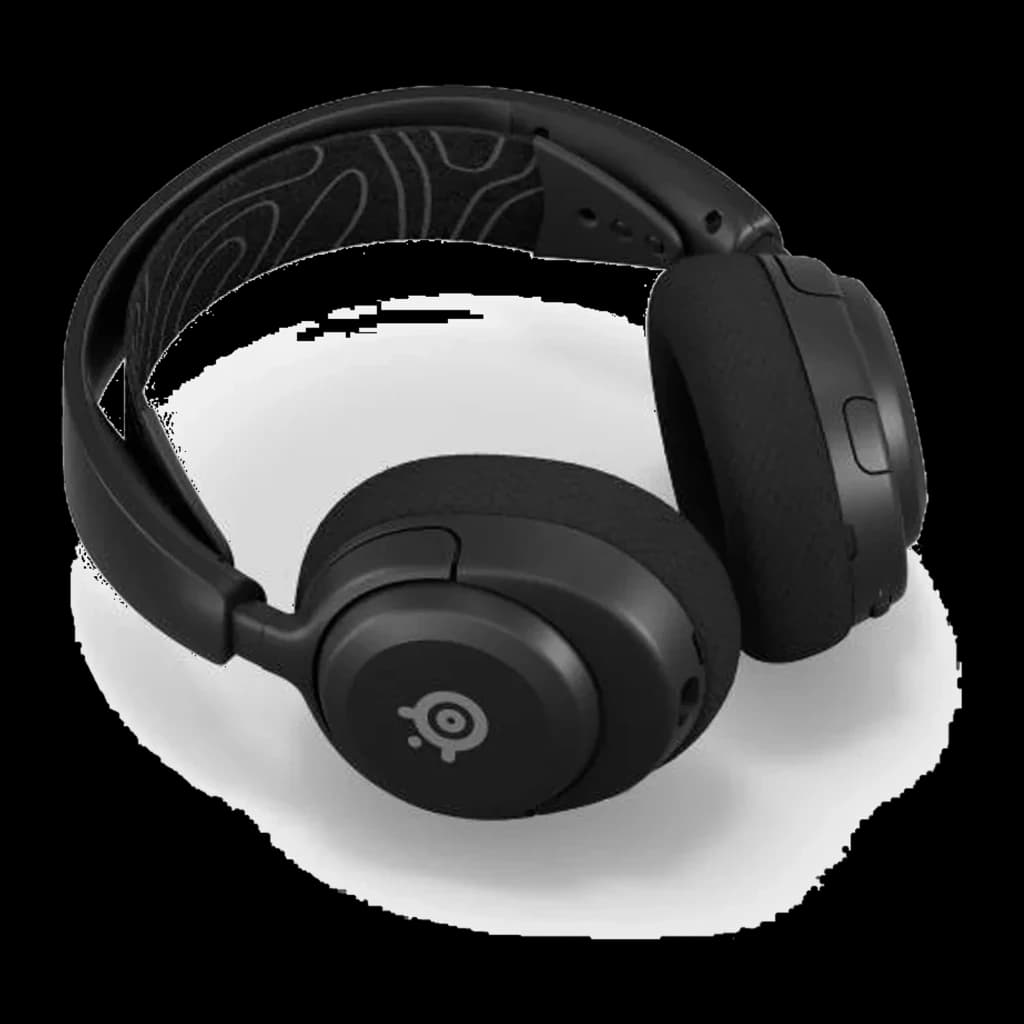 SteelSeries Arctis Nova 5 noir, vue supérieure en angle: arceau avec motif topographique et bouton latéral visible