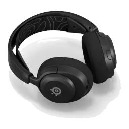 SteelSeries Arctis Nova 5 noir, vue supérieure en angle: arceau avec motif topographique et bouton latéral visible