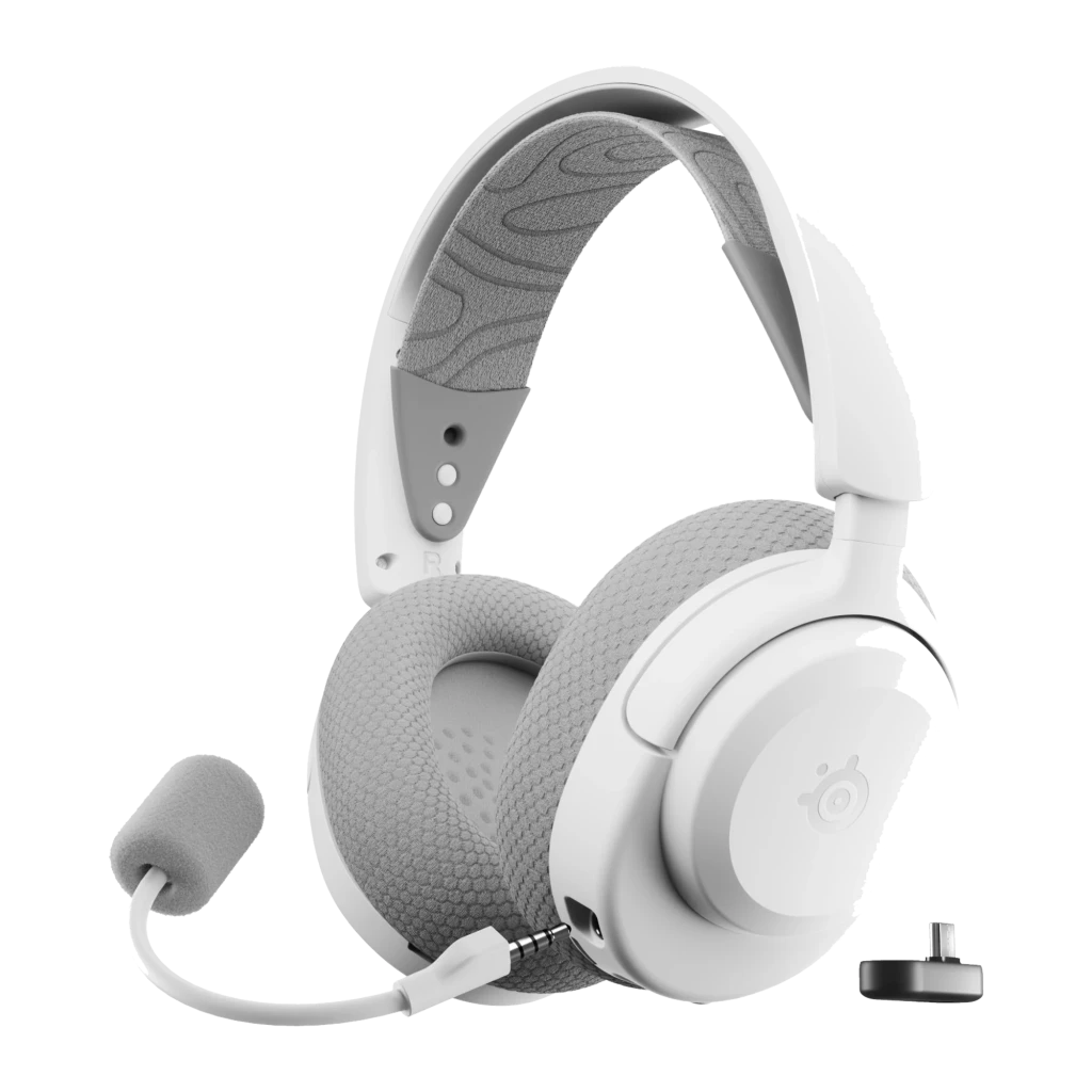 SteelSeries Arctis Nova 3P blanco, vista lateral: logo SteelSeries en copa, diadema y almohadilla sobre fondo negro - Ítem3