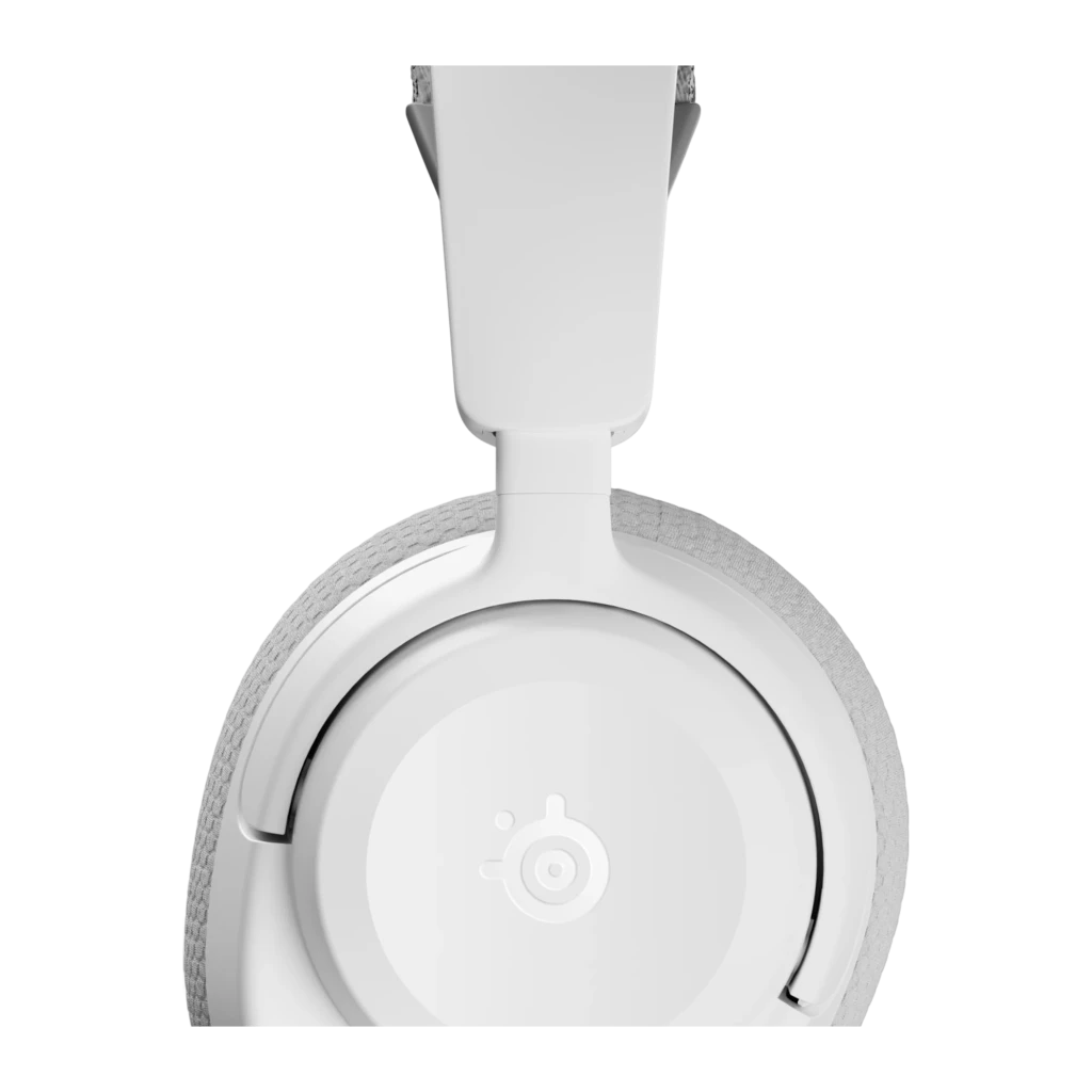 SteelSeries Arctis Nova 3P blanco, vista lateral: logo SteelSeries en copa, diadema y almohadilla sobre fondo negro - Ítem1