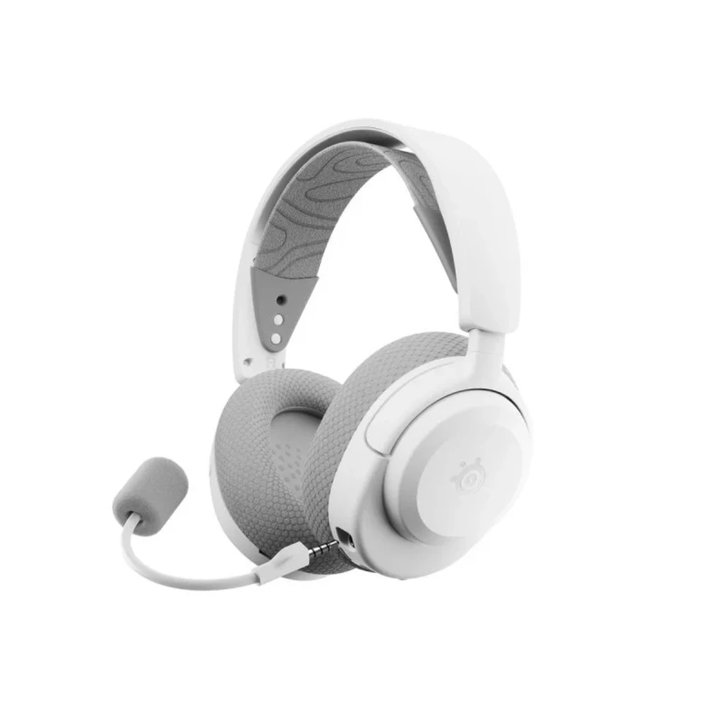 SteelSeries Arctis Nova 3P branco, vista lateral: logo SteelSeries na concha, arco e almofada em fundo preto - Item1