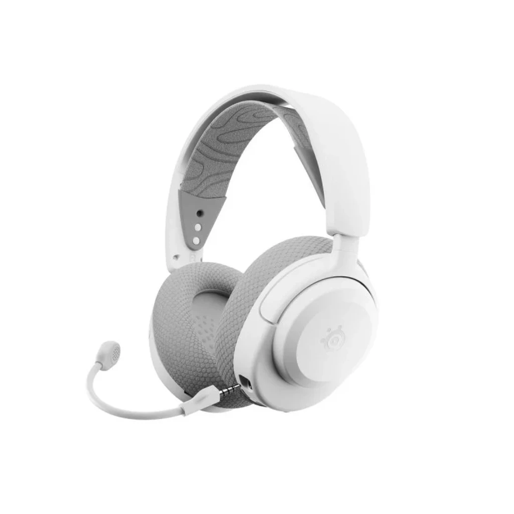 SteelSeries Arctis Nova 3P branco, vista lateral: logo SteelSeries na concha, arco e almofada em fundo preto - Item2