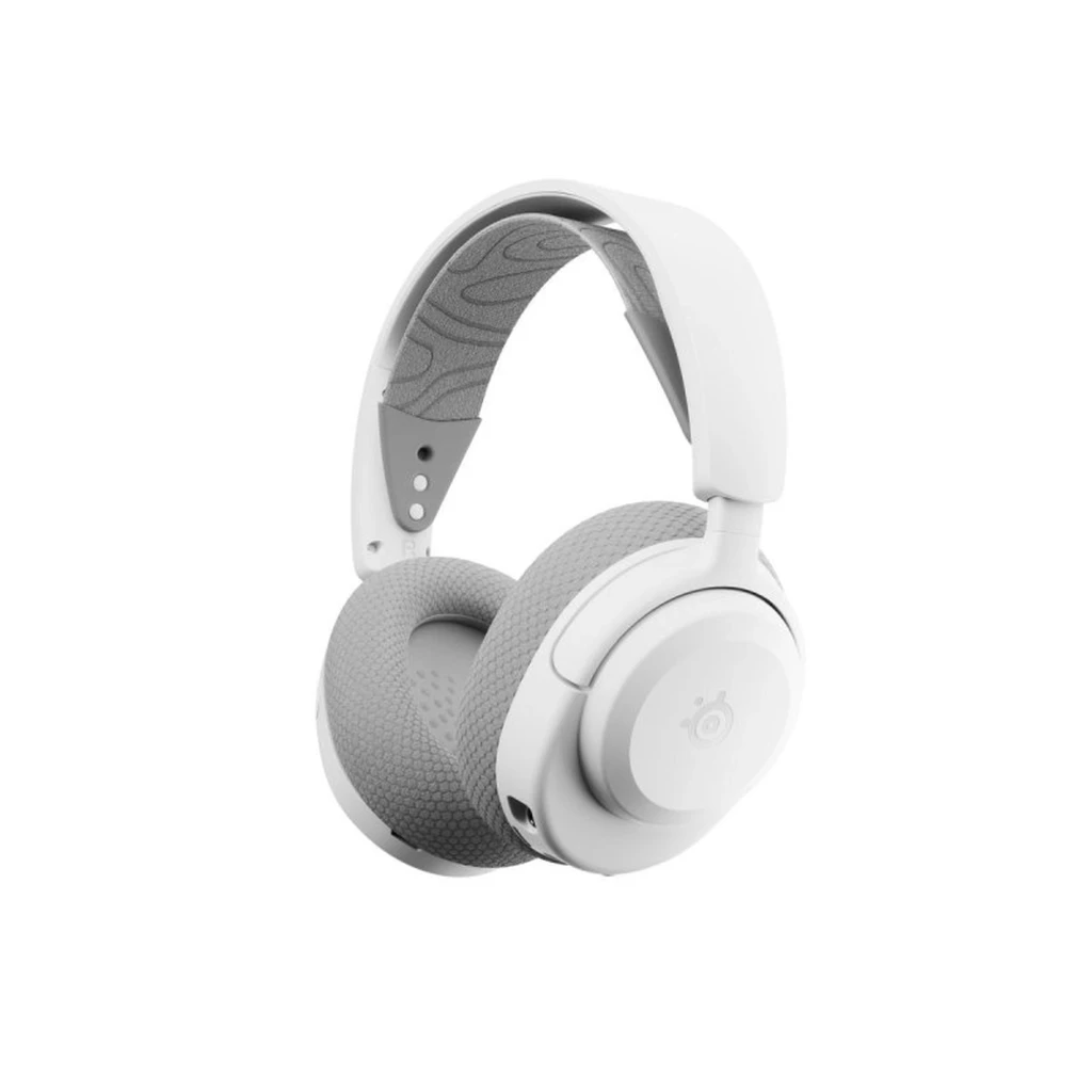 SteelSeries Arctis Nova 3P branco, vista lateral: logo SteelSeries na concha, arco e almofada em fundo preto - Item3