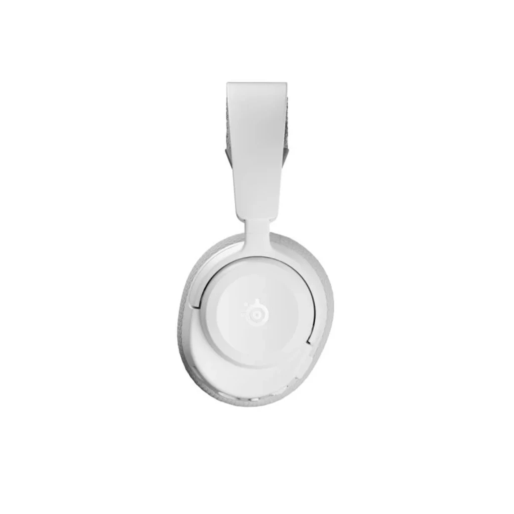 SteelSeries Arctis Nova 3P branco, vista lateral: logo SteelSeries na concha, arco e almofada em fundo preto - Item4