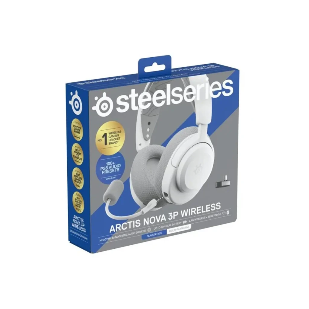 SteelSeries Arctis Nova 3P branco, vista lateral: logo SteelSeries na concha, arco e almofada em fundo preto - Item5