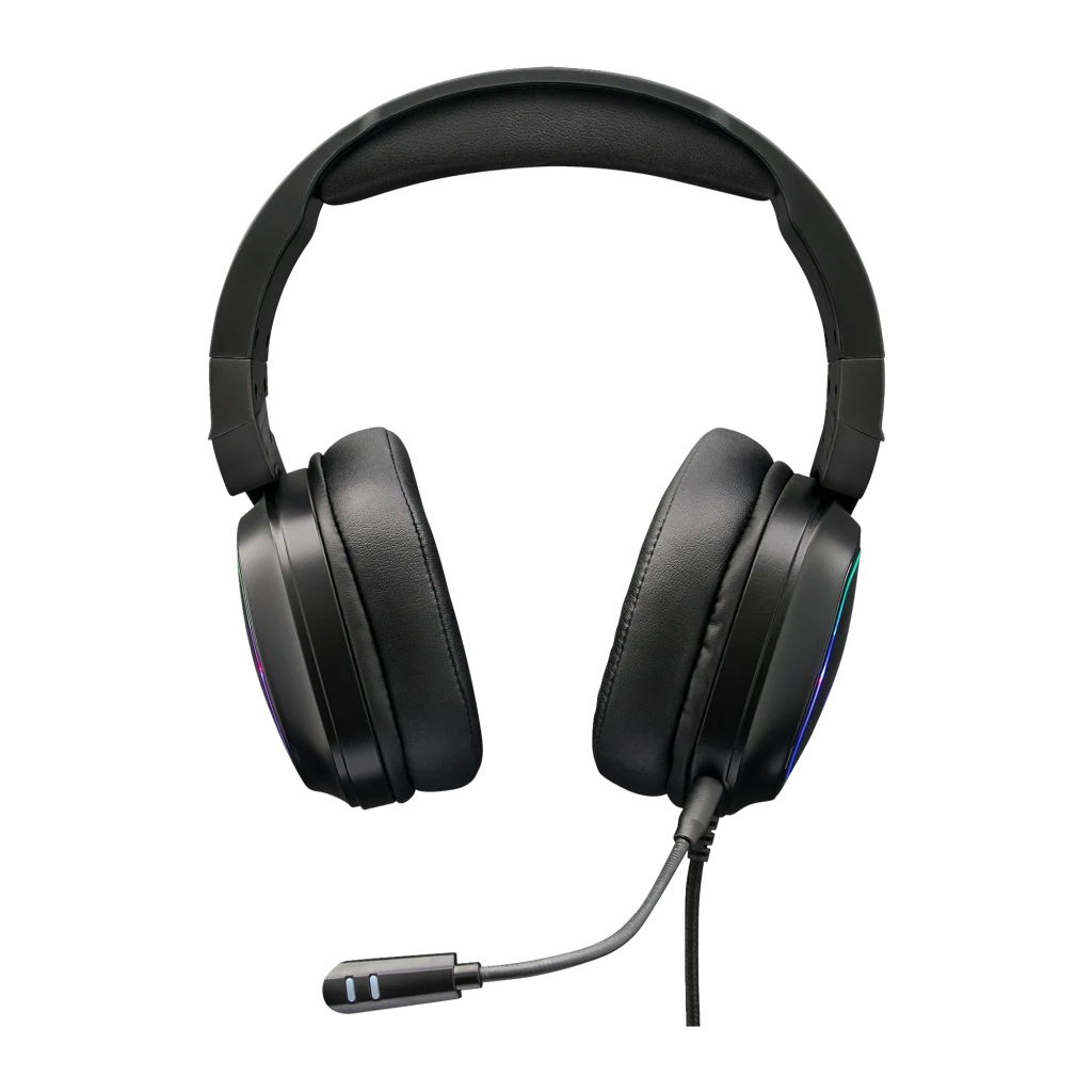 The G-Lab Korp Radium preto, vista frontal: headset gaming com iluminação RGB nas conchas e microfone flexível - Item1