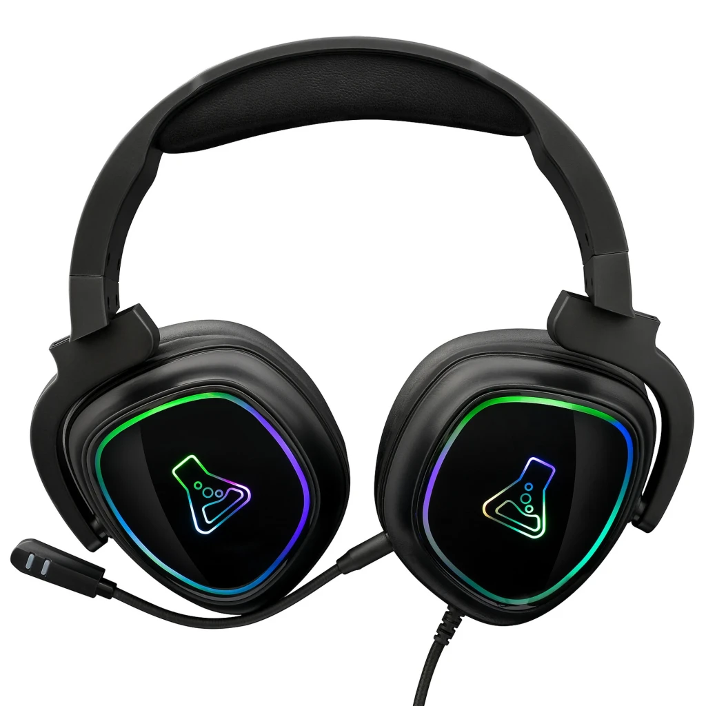 The G-Lab Korp Radium preto, vista frontal: headset gaming com iluminação RGB nas conchas e microfone flexível - Item2
