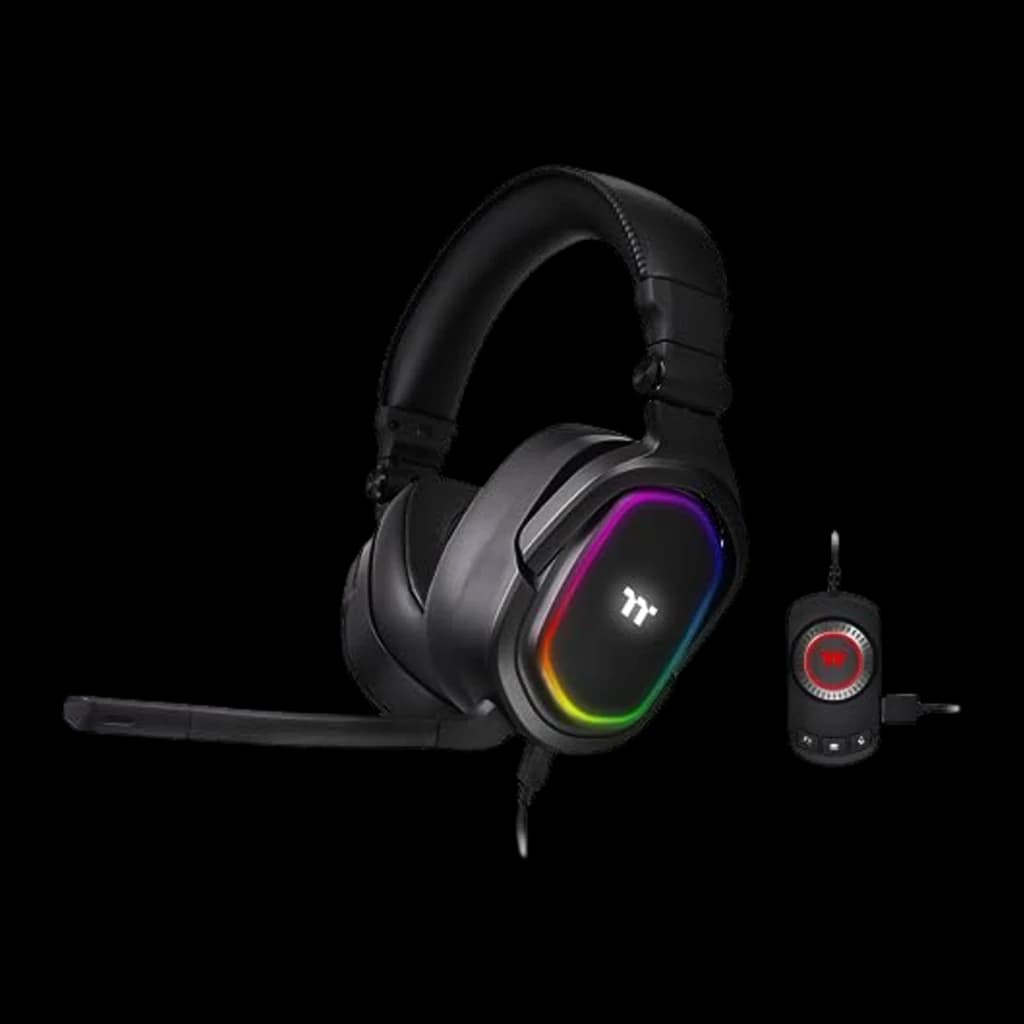 Thermaltake ARGENT H5 RGB 7.1 preto, vista principal: headset com iluminação RGB na concha e controlador USB externo com