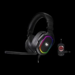 Thermaltake ARGENT H5 RGB 7.1 preto, vista principal: headset com iluminação RGB na concha e controlador USB externo com