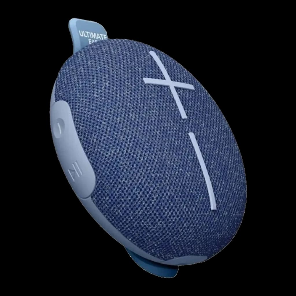 Ultimate Ears MINIROLL Azul, vista frontal en ángulo: rejilla de tela azul con cruz blanca y botones laterales