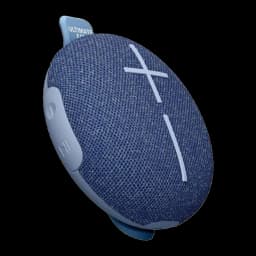 Ultimate Ears MINIROLL Azul, vista frontal en ángulo: rejilla de tela azul con cruz blanca y botones laterales