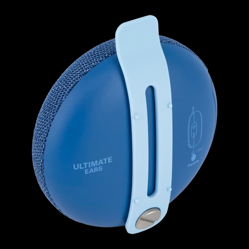 Ultimate Ears MINIROLL Azul, vista trasera lateral: correa de sujeción azul claro con tornillo metálico e icono PartyUp