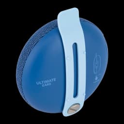 Ultimate Ears MINIROLL Azul, vista trasera lateral: correa de sujeción azul claro con tornillo metálico e icono PartyUp