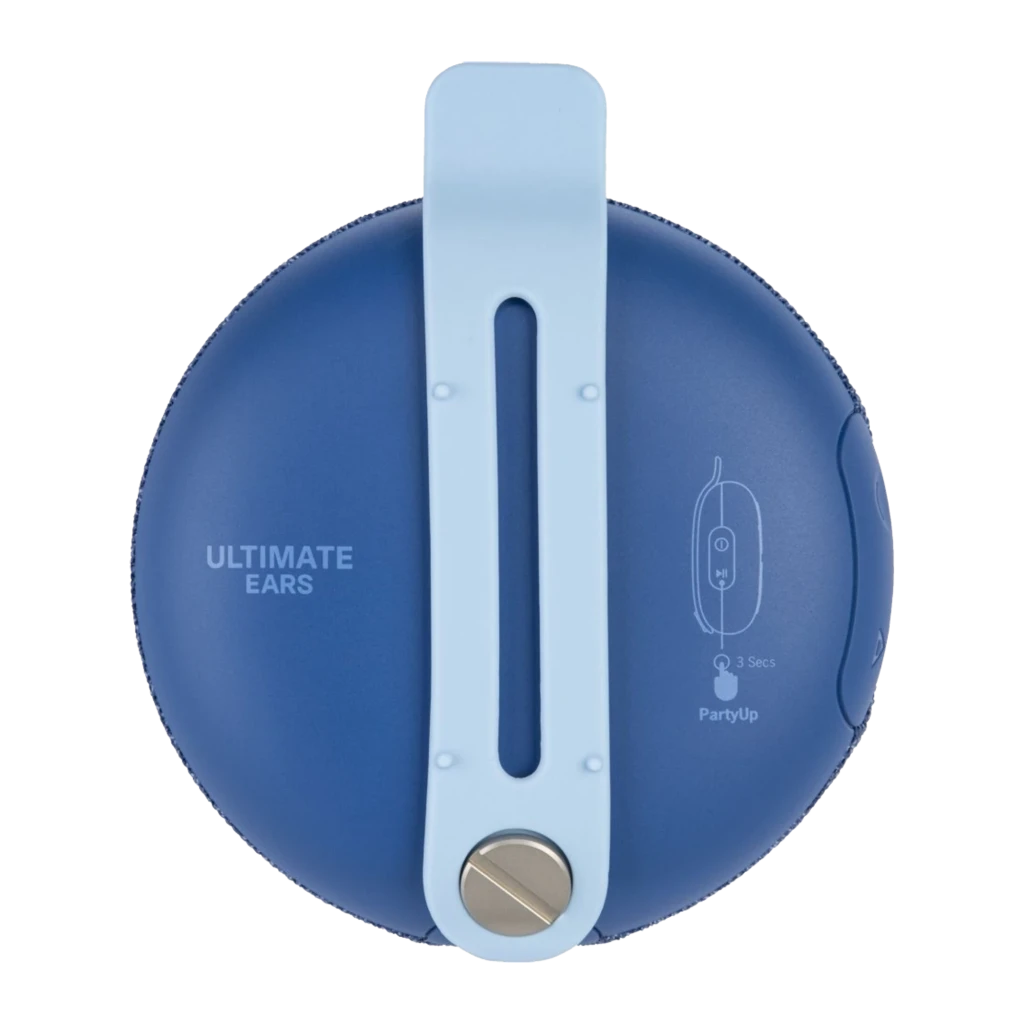 Ultimate Ears MINIROLL Bleu, vue avant en angle: grille en tissu bleu avec croix blanche et boutons latéraux - Ítem2