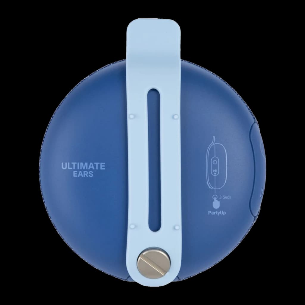 Ultimate Ears MINIROLL Azul, vista trasera frontal: parte posterior lisa azul con correa central y tornillo metálico inferior