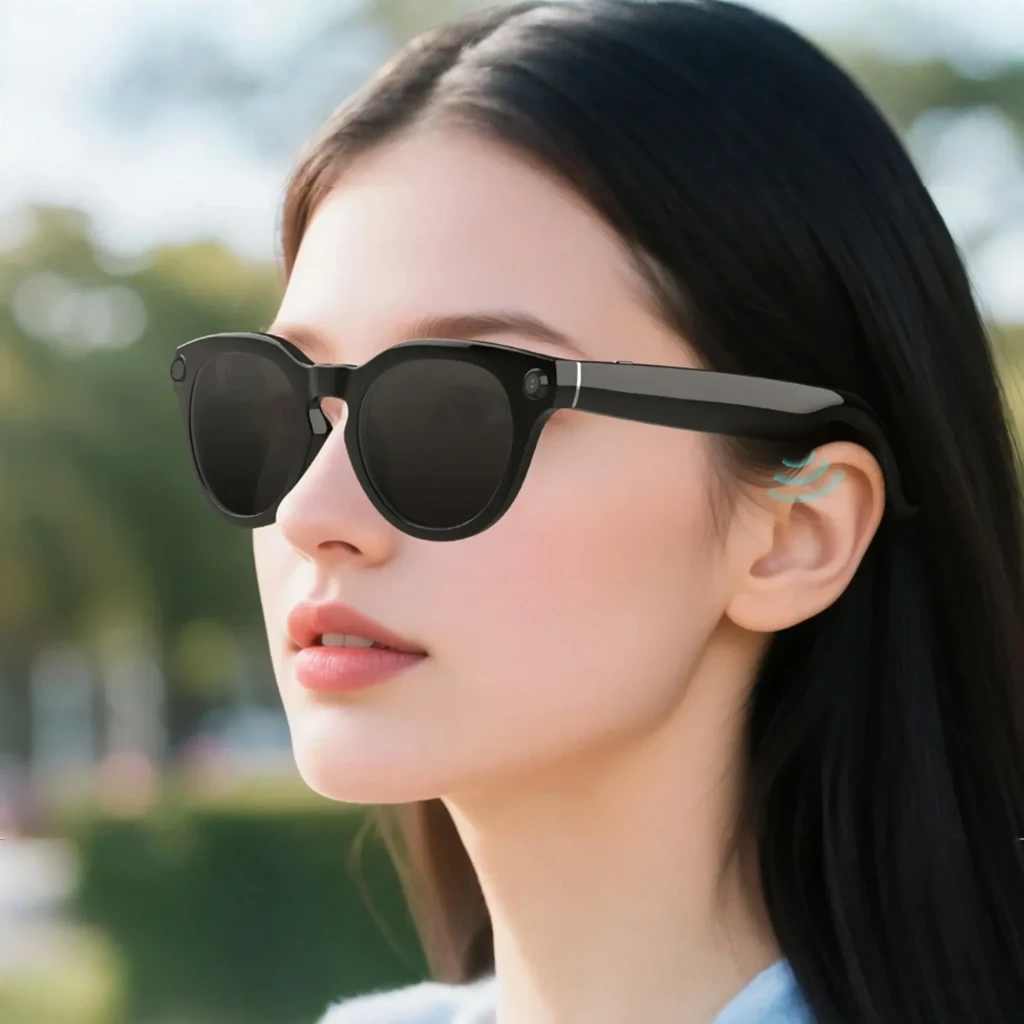 COLMI V03 Round Sunglasses 32GB negro, vista frontal: montura redonda negra con módulo de cámara en patilla izquierda - Ítem2