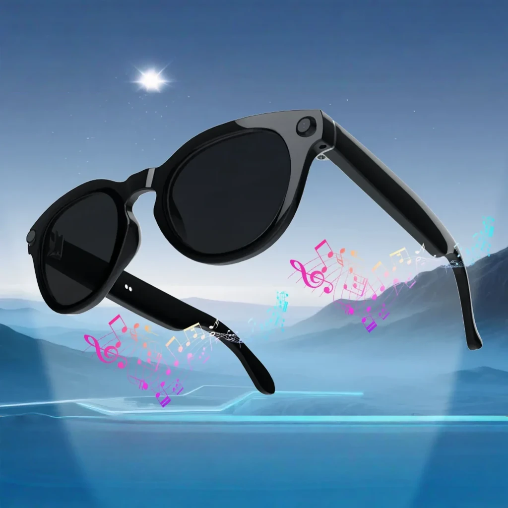 COLMI V03 Round Sunglasses 32GB negro, vista frontal: montura redonda negra con módulo de cámara en patilla izquierda - Ítem4