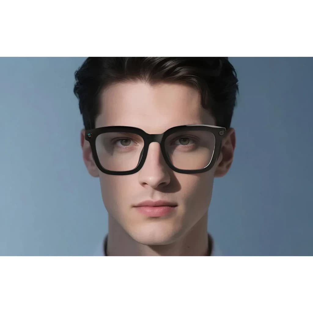 Colmi V03 Square bleu, vue frontale sur modèle: lunettes intelligentes monture carrée noire avec verres transparents portées
