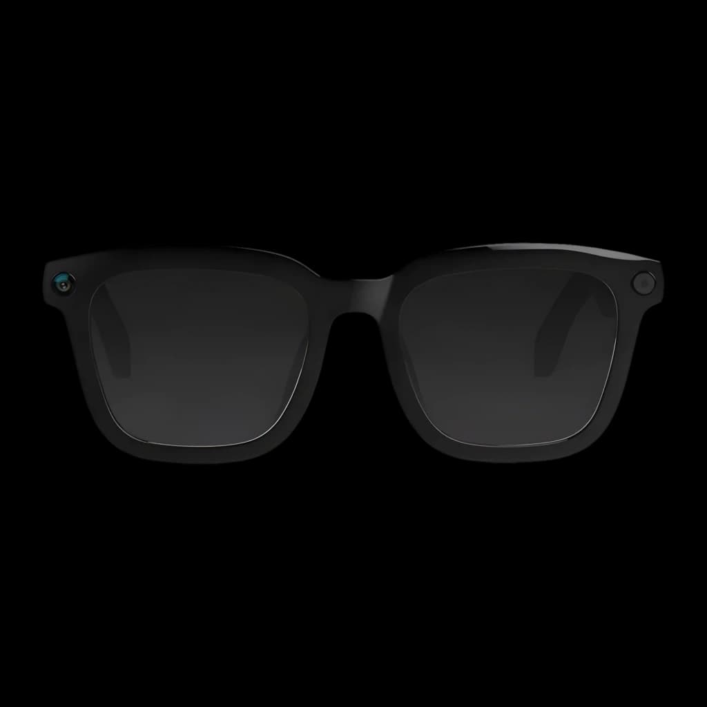 COLMI V03 Square Sunglasses noir, vue de face: monture carrée noire avec caméra intégrée dans le coin gauche