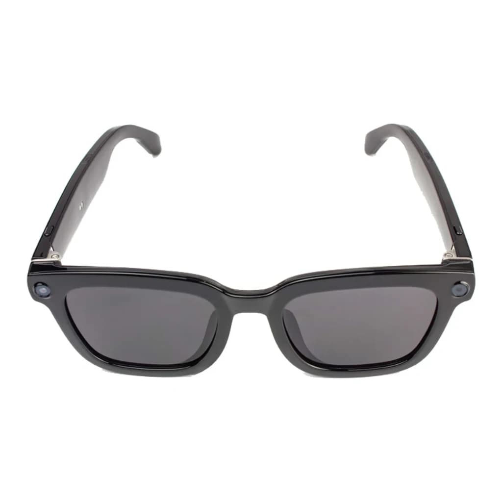 Lunettes noires COLMI V03 à monture carrée épaisse, verres teintés gris, caméras 1080P intégrées aux charnières et branches ergonomiques ouvertes