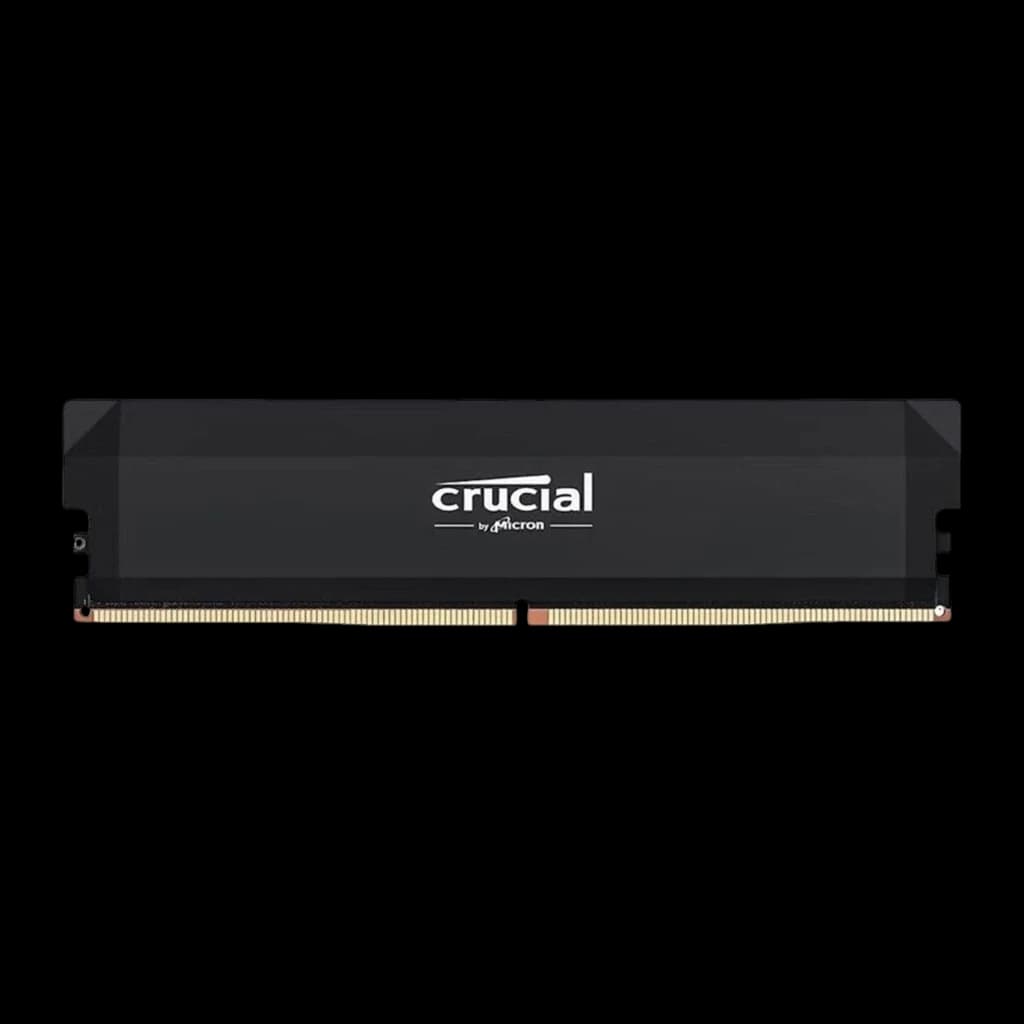 Crucial Pro OC DIMM 16GB preto, vista frontal: dissipador mate preto com logo Crucial by Micron e contactos dourados