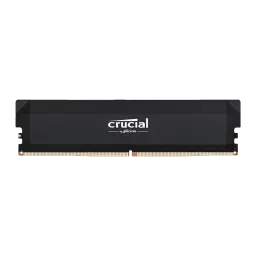 Crucial Pro OC DIMM 16GB preto, vista frontal: dissipador mate preto com logo Crucial by Micron e contactos dourados