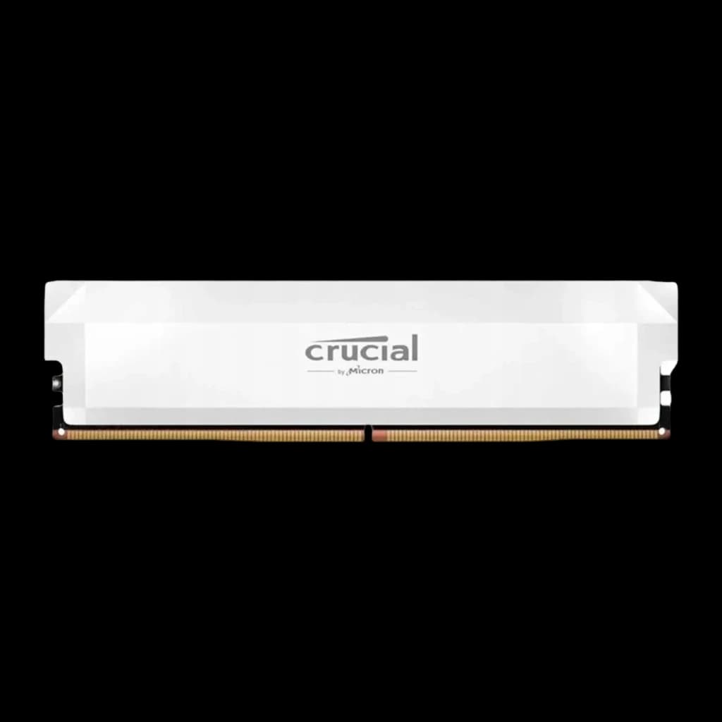 Crucial Pro OC 16GB DDR5 branco, vista frontal: dissipador branco com logo Crucial e contatos dourados