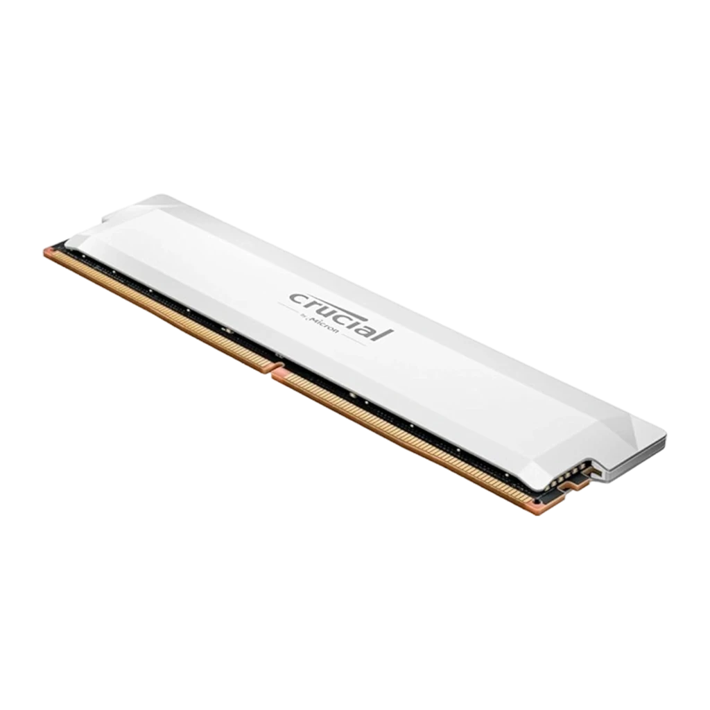 Crucial Pro OC 16GB DDR5 branco, vista frontal: dissipador branco com logo Crucial e contatos dourados - Item1