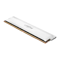 Crucial Pro OC 16GB DDR5 branco, perspectiva baixa: perfil do dissipador e entalhe do conector visíveis