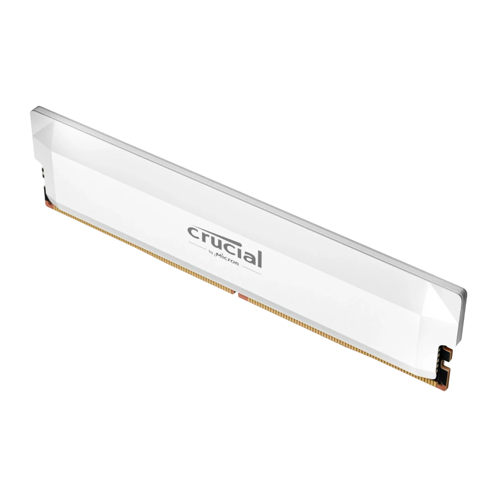 Crucial Pro OC 16GB DDR5 branco, vista frontal: dissipador branco com logo Crucial e contatos dourados - Item2