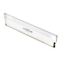 Crucial Pro OC 16GB DDR5 branco, perspectiva alta: face traseira do dissipador e geometria angular do módulo