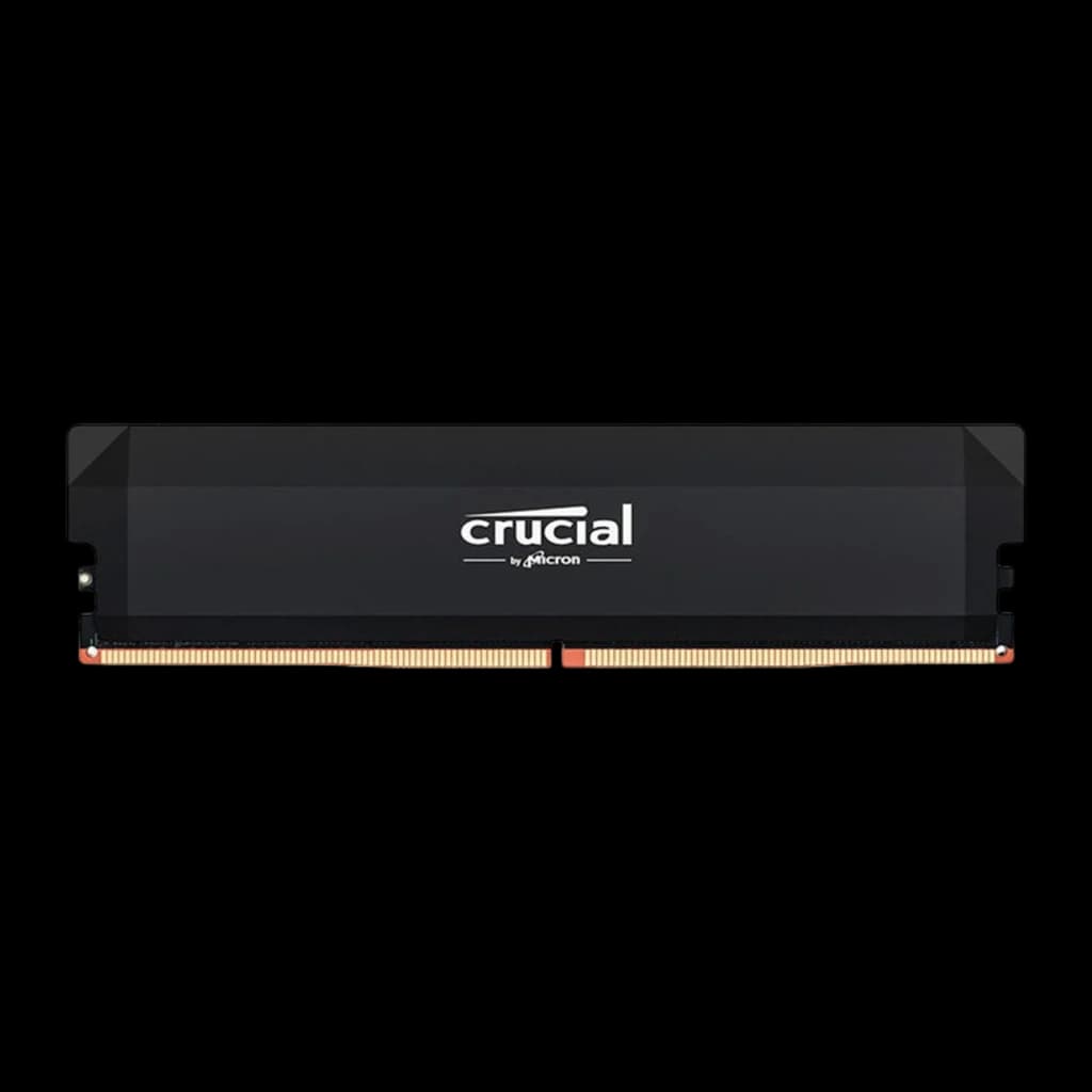 Crucial Pro OC Gaming 6400MHz 16GB preto, vista frontal: dissipador preto mate com logo Crucial e contactos dourados